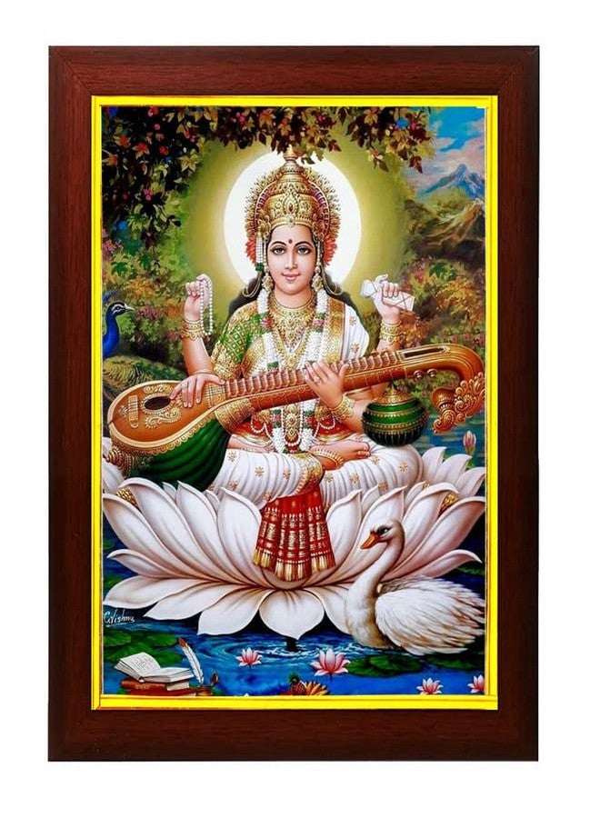 ZIG-ZAG zig zag Goddess Saraswati Devi God of Knowledge and Wisdom Religious Photo picture Frame For Wall hanging ,Temple, pooja Room, Worship ( 24 x 34 cm , Brown Golden Border ) - Image 1